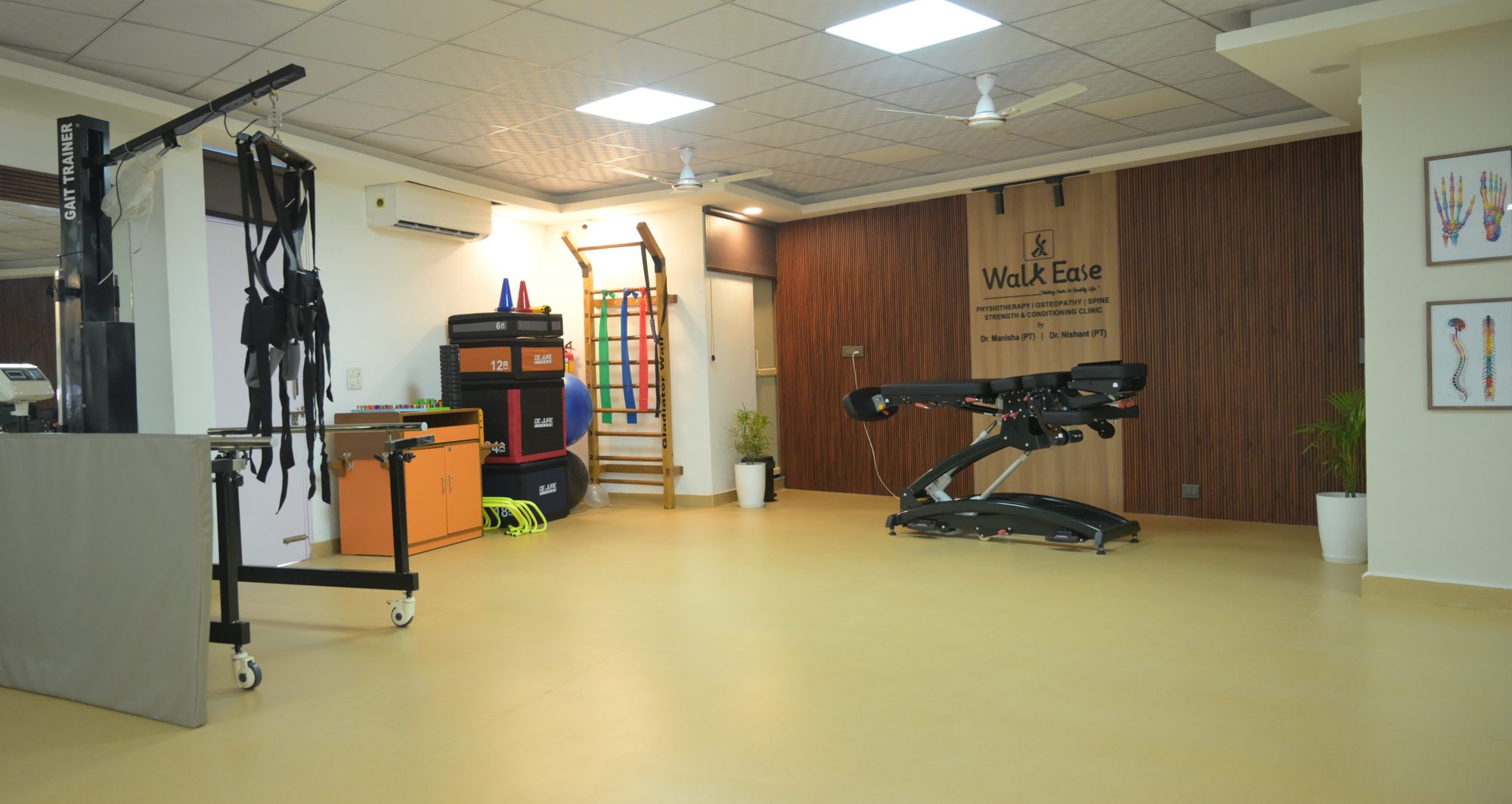 The Walk Ease rehab floor with gait trainer, wall bars and traction table